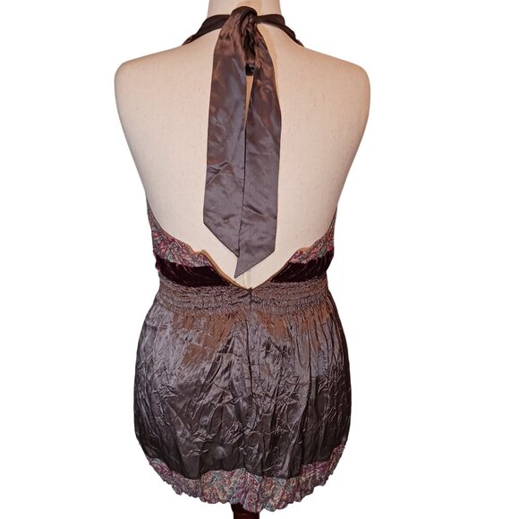 Hale Bob Silk Embellished Halter Crinkle Mini Dress in Gray & Pink Multi, Size M - Picture 6 of 16